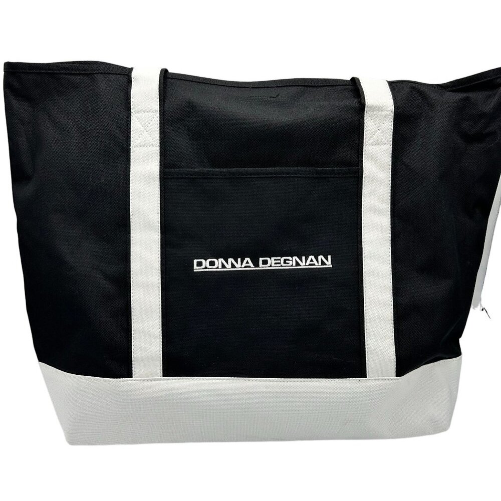 Donna Degnan Black & White Tote Bag With Shoulder Straps And Front Pocket